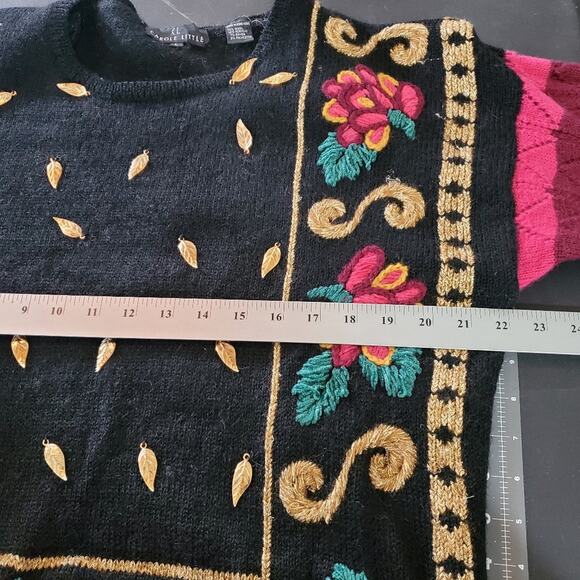 Vintage Carole Little Sweater Women Large Wool Black Rainbow Metallic Charms 90s - Picture 11 of 11